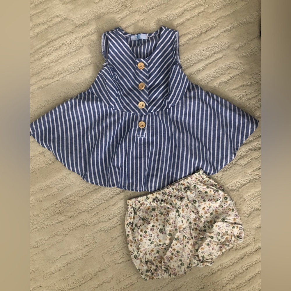 Blue Stripe Peplum Tank And Floral Bubble Shorts 5T